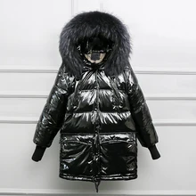 Большой Енот меховой воротник с капюшоном Длинная стеганая куртка женские зимние теплые пуховики большой размер свободные глянцевые куртки верхняя одежда пальто