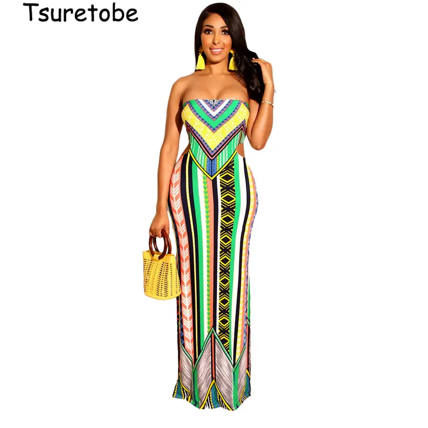 

Tsuretobe Dashiki Stripless Print Dress Women African Clothes Off Shoulder Sexy Beach Maxi Dress Female Hollow Out Casual Dress