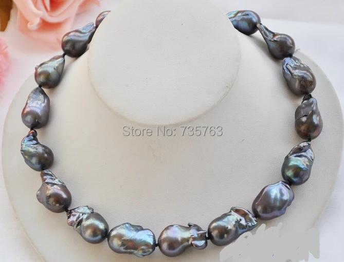

xiuli 0014769 HUGE 17.5" 23mm BLACK BAROQUE KESHI REBORN PEARL NECKLACE 925Sc