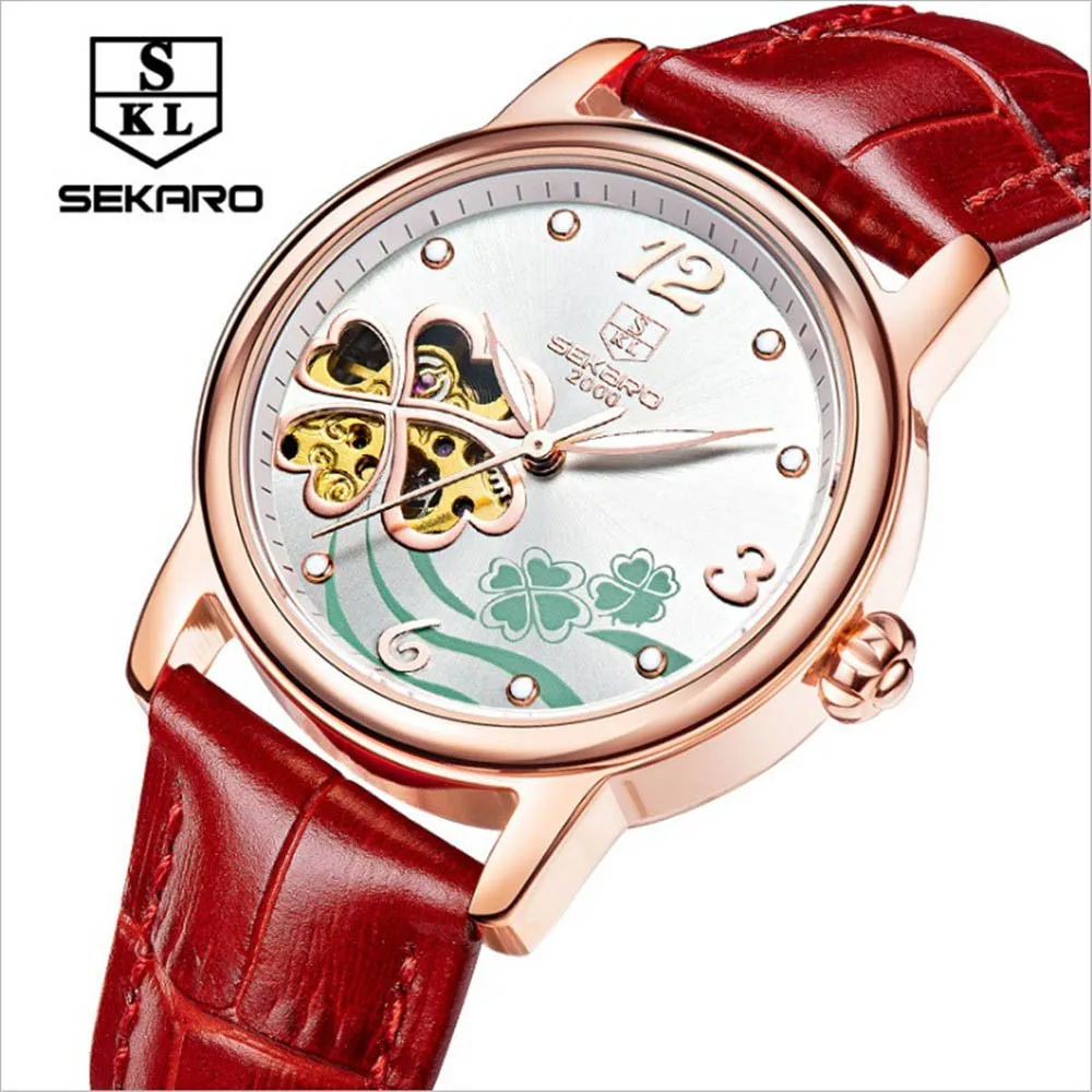 

SEKARO Brand Women Watches Skeleton Mechanical Watch White Leather Band Ladies Simple Fashion Casual Clock Relogio femininos
