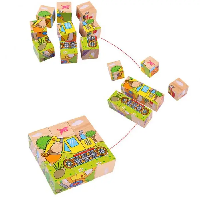3D Детские деревянные пазлы с животными, 6 сторон, Мультяшные развивающие Обучающие головоломки, головоломки, игрушки для детей M09