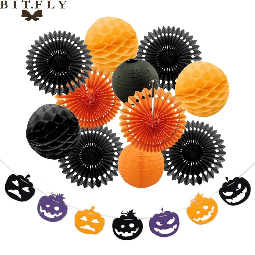 Halloween decoration paper lanterns,pull banners ,paper fan flowers,paper 3D starsand tassel for Party DIY decorations supplies