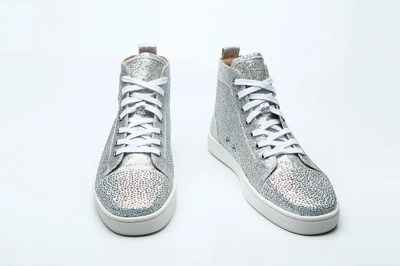 

Eunice Choo Crystal Embellished Men Ankle Boots Embossed Luxury Gold Lace Up Sneakers Silver Cloth Round Toe Flat Male Shoes