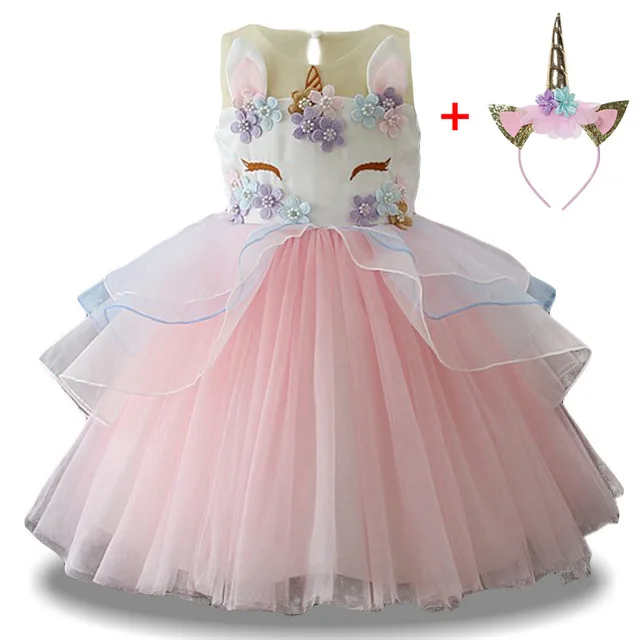 Платья с единорогом для девочек; вечерние платья; костюм на Рождество, карнавал, год; Детские праздничные платья для девочек; Вечерние платья на день рождения - Цвет: Pink unicorn