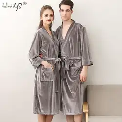 Женский и мужской зимний Золотой бархатный теплый халат для влюбленных парная ночная рубашка банный халат Ночное белье мужские халаты для
