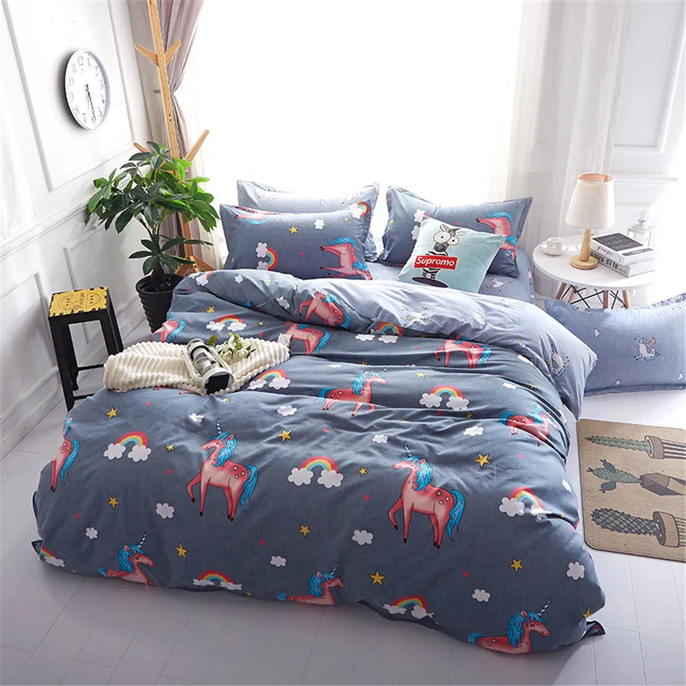 

Fashion cartoon style blue Bedding Sets pink Unicorn Rainbow duvet cover bed sheet pillowcaase kid/adult home textie queen size