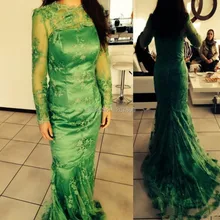 Новое поступление, зеленое женское кружевное мусульманское платье с длинными рукавами и вышивкой, вечернее платье со шлейфом
