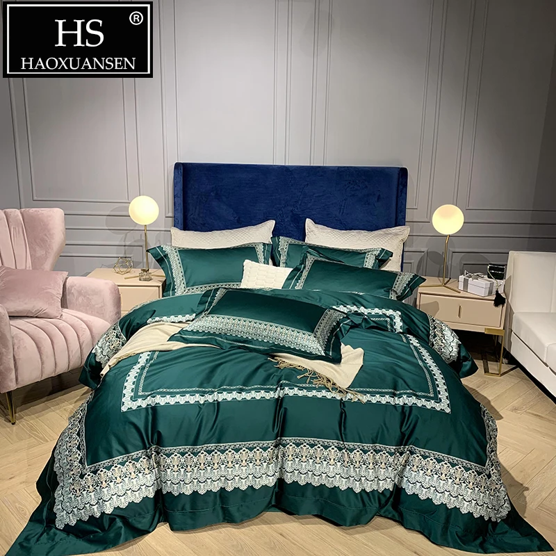 

Luxury 1000 Thread Count Black Green 4pcs Bedding Sets Natural Cotton Lace Pattern Digital Print Quilt Cover Set Queen King Size