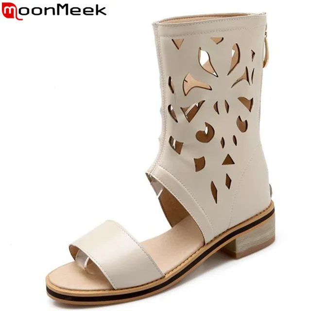 MoonMeek Plus size 34-47 new fashion summer shoes women heel zip platform cutouts square heel summer ankle boots