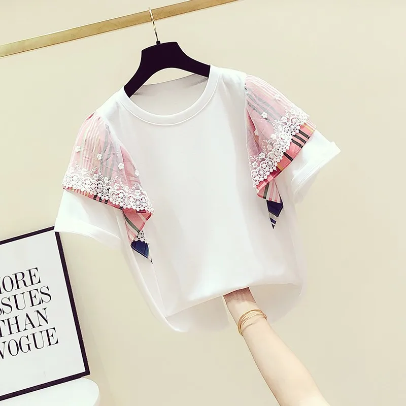 Goedkoop 2019 Zomer Nieuwe Koreaanse Mozaïek Lace Contrast Strepen Crew Neck Korte Mouw T shirt vrouwen Casual Jasje Pull Shirt Student T