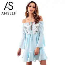 Anself 2018 пикантные Для женщин шифоновое платье с открытыми плечами цветочный платье с вышивкой Drawstring Slash шеи Flare рукавом пляжное платье