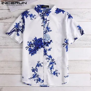 

INCERUN Chinese Style Vintage Men Shirt Lapel Floral Print Neck Short Sleeve Slim Fit Tops Camisa Casual Brand Shirts Men 2020