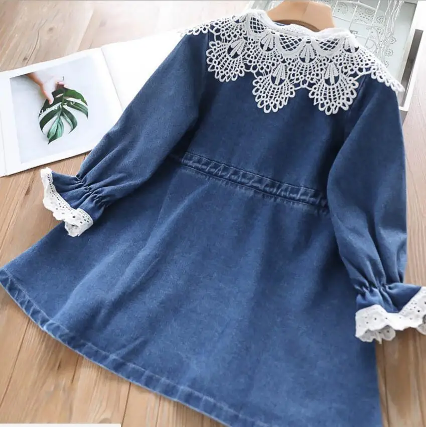 Girl Cotton Denim Dress Autumn Lace Collar Long Sleeve Dresses Fashion High-grade Children Clothes Wholesale
