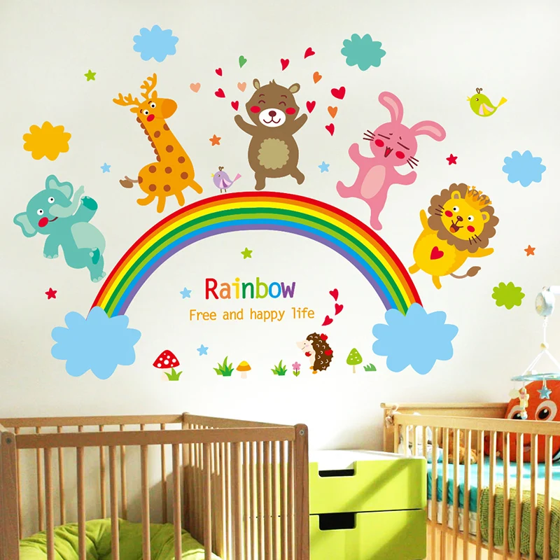 

[SHIJUEHEZI] Cartoon Elephant Bear Lion Animals Wall Stickers for Kids Rooms Baby Bedroom Decoration DIY Rainbow Mural Decals