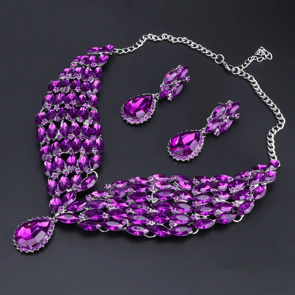 Мода Кристалл себе ожерелье серьги набор индийские свадебные ювелирные комплекты для невест Свадебный костюм ювелирные изделия для женщин - Окраска металла: purple