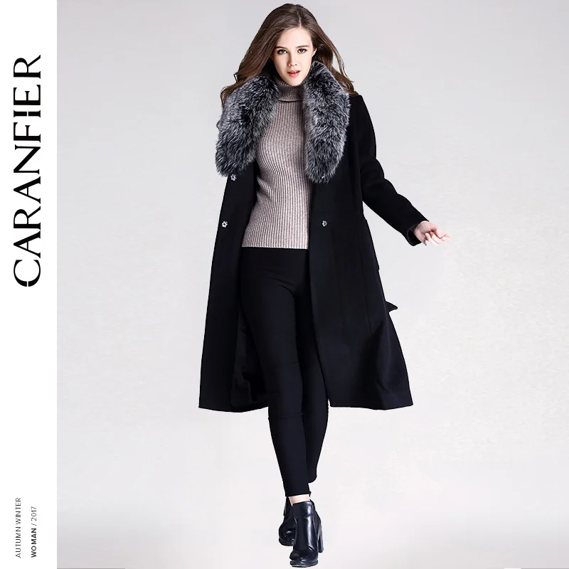 CARANFIER 2017 полушерстяные зимние женские пальто теплый воротник тонкий пояс черный