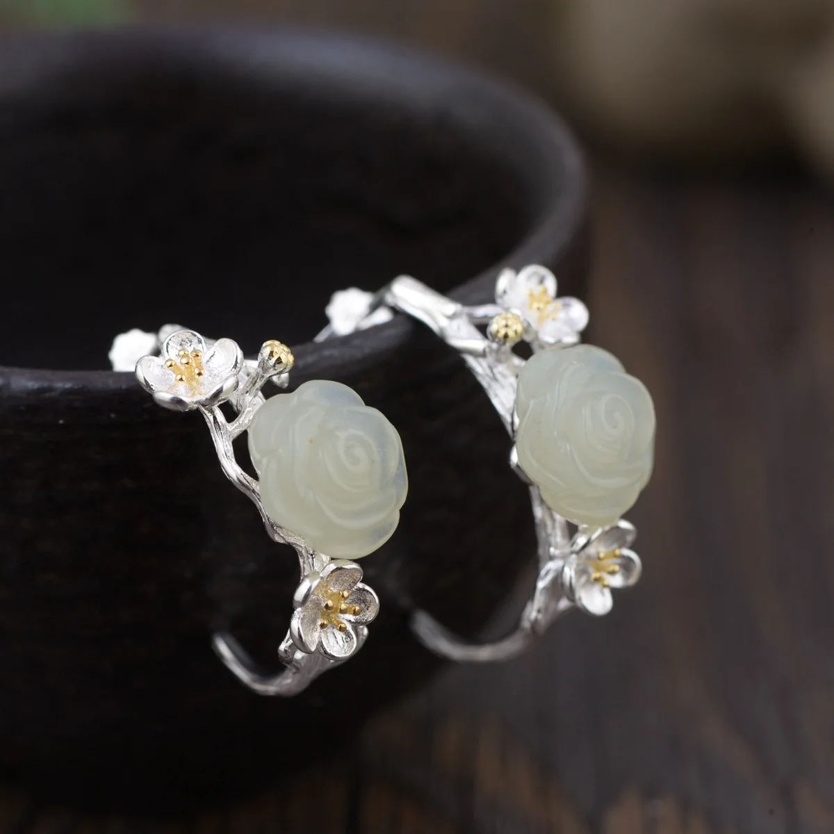 

S925 pure silver flower earrings female of hetian earrings