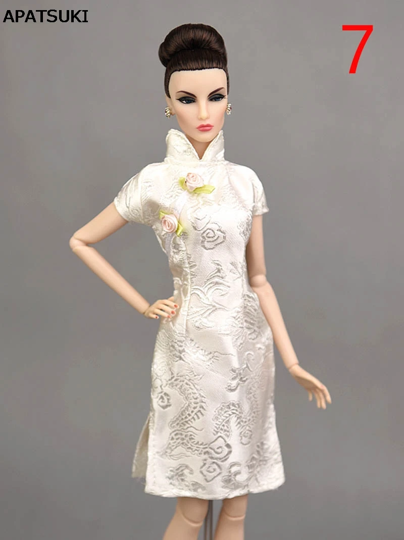 Dragon blanc fait à la main chinois robe traditionnelle robe Vestido pour Barbie Cheongsam col haut Qipao robes de soirée uniques