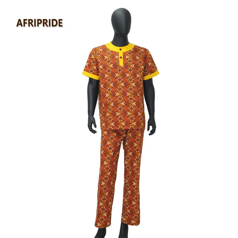 Африканский Мужской комплект штанов, традиционный стиль, костюм Анкара с принтом, восковой хлопок, топ с короткими рукавами+ брюки длиной до щиколотки A621601 - Цвет: 120H