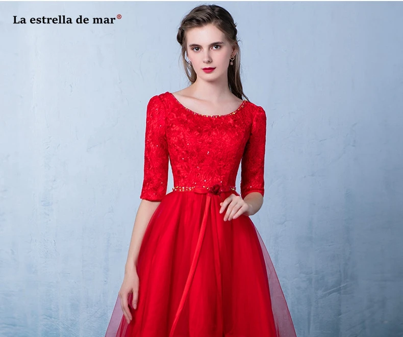 Vestidos fiesta boda2019 Новый кружево из кружева, с вырезом на шее Половина рукава красный бордовый Высокая Низкая платье подружки невесты чай Длина