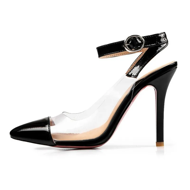

Lady's Buckle Strap Sexy Transparent Super High Heel Women Pumps Model Stilettos Sandals Red Sole For Femininas Big Size 34-47