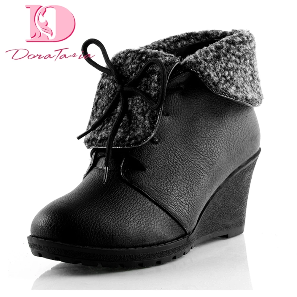 

DoraTasia new brand dropship winter women shoes woman snow boots warm plush shoelaces wedge high heels ankle boots