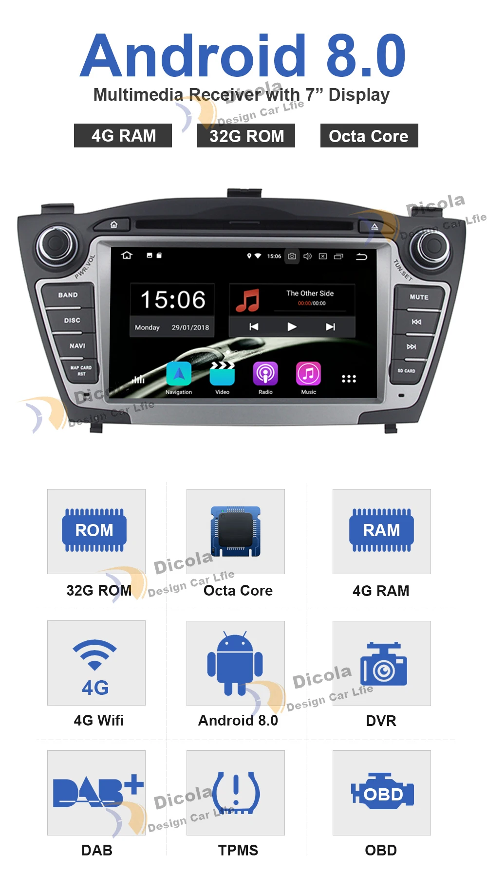 Best 2 din Android 8.0 car radio Stereo for HYUNDAI IX35 New Tucson car dvd player gps navi with 4G RAM 32G ROM Free Map Camera 5