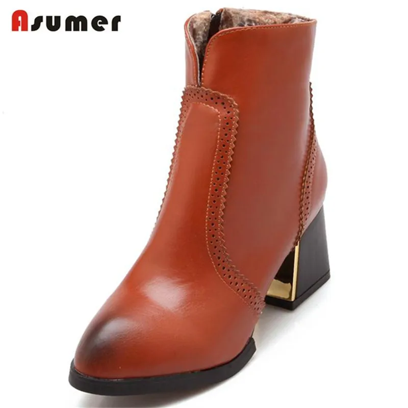 

Asumer Ankle boots pu full brogue restoring cut-outs fashion boots high heels zipper solid 3 colors party office women boots