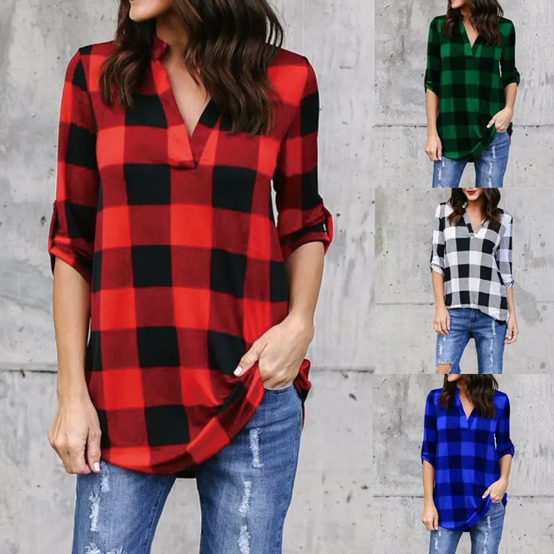 

Autumn Women Plus Size V Neck Grid Blouse Casual Long Sleeve Plaid Shirts Vintage Loose Lattice Tops