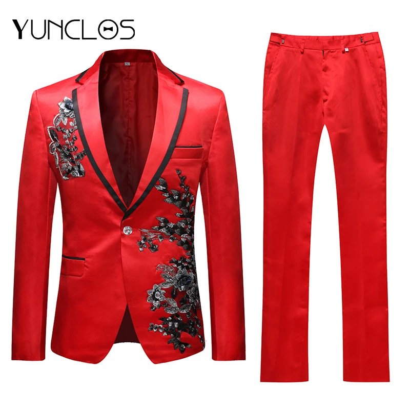 YUNCLOS 2019 New Men Applique Suit Party Dress 2 Pieces Tuxedos  Slim Fit Terno Masculino Formal Wedding Party Suits