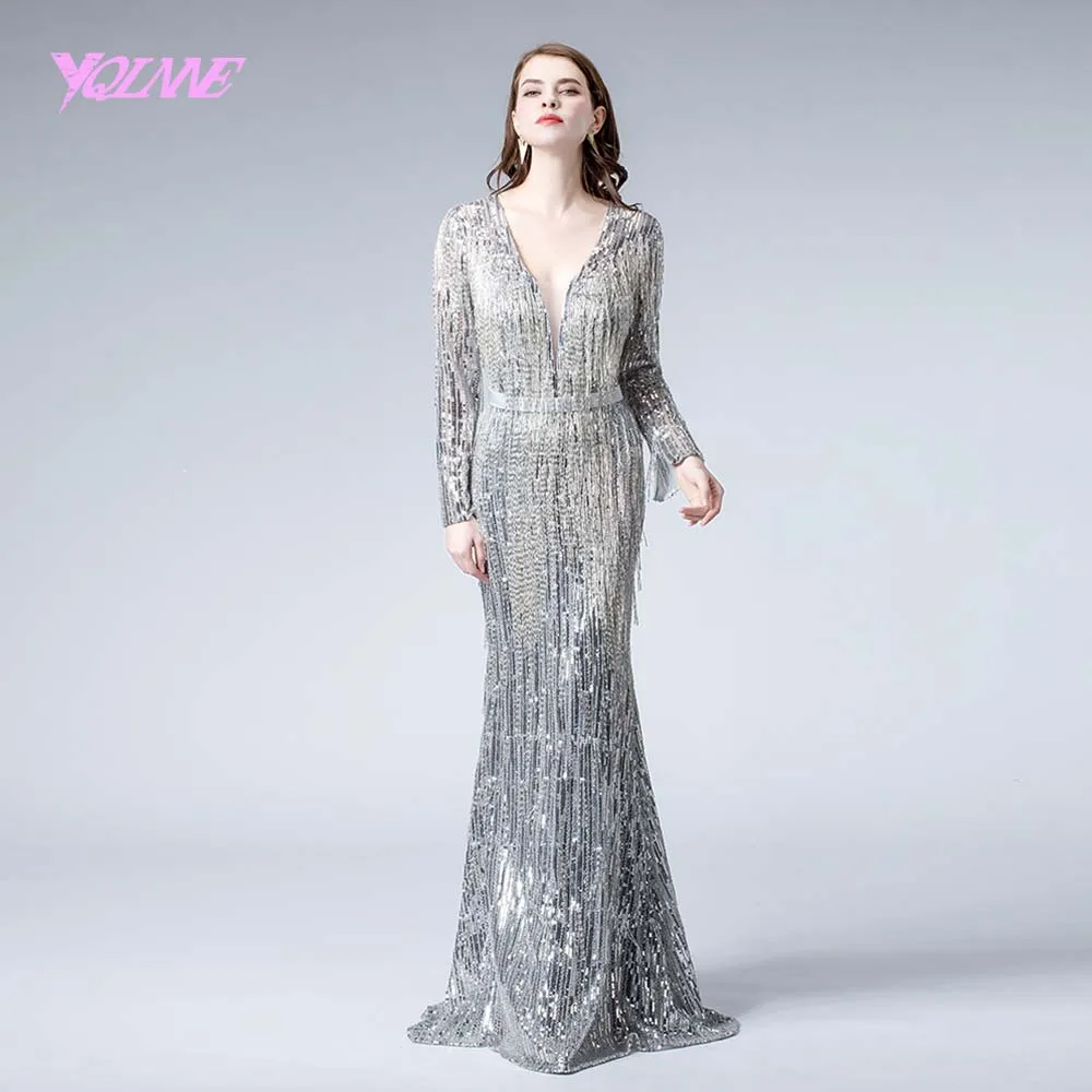 Серебряное Вечернее платье с длинным рукавом, вечернее платье с блестками и бисером YQLNNE
