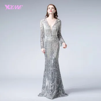 

Silver Long Sleeve Evening Dress Mermaid Sequins Beading Evening Gown Dresses 2019 YQLNNE