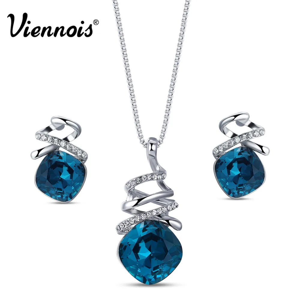 Комплект из колье и серёг с синим кристаллом|jewelry sets for women|crystal jewelry setjewelry |