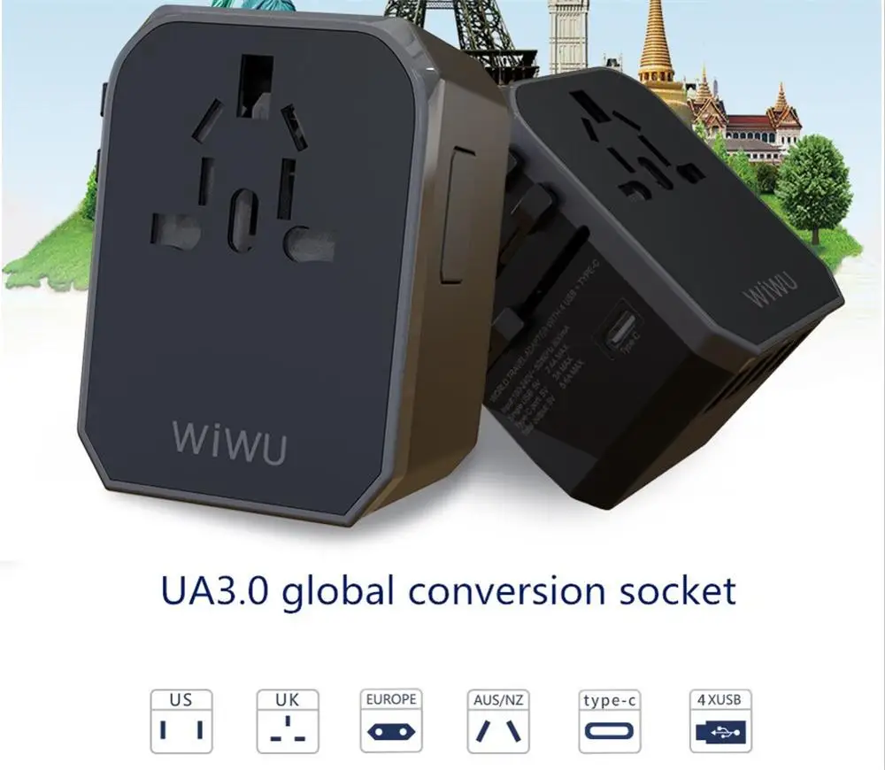 

Travel power adapter universal, global conversion socket USB/TYPE-C universal multi-function travel plug