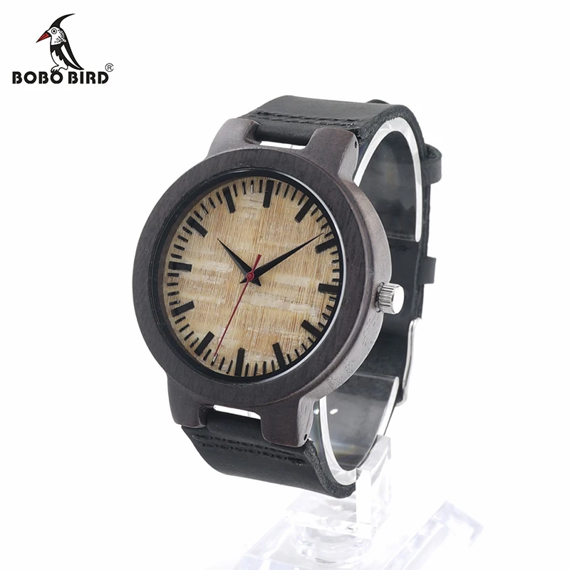 BOBO BIRD V-C23 Mens Quartz Wristwatches Handmade Wooden Watch Red Color Second Black Leather Strap In Gift Box Relojes Hombre