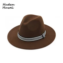 Винтажная плоская Полочка для женщин и мужчин из шерсти Войлок формальная Вечеринка джаз шляпа Федора с полосатая лента зима весна леди джаз шляпа