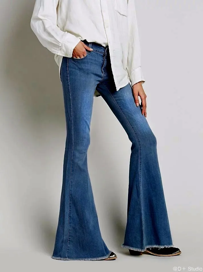 Calças de Brim para Mulheres 2020 do Vintage de Cintura Baixa Incendiar Elásticas Estilo Retro Fundo Sino Magro Calça Jeans Feminina Azul Escuro Denim Perna Larga Calças 8 Elásticas calças de Brim Das Mulheres Estilo