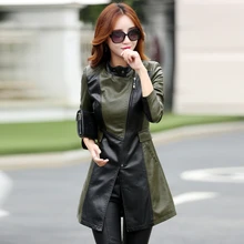 2016 leather jacket women medium-long leather trench outerwear slim women’s leather clothing 6608
