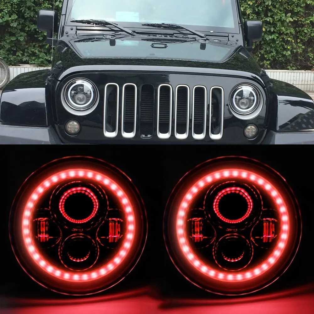 

For Jeep Wrangler TJ JK JKU Rubicon Sahara Pair 7 LED Projector Headlamp with Red DRL