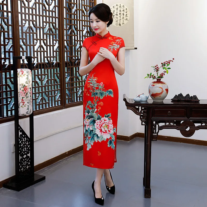 Красный китайский Для женщин Свадебная вечеринка платье 2018 плюс Размеры XXXL с цветочным принтом пикантные Cheongsam Винтаж воротник-стойка Qipao