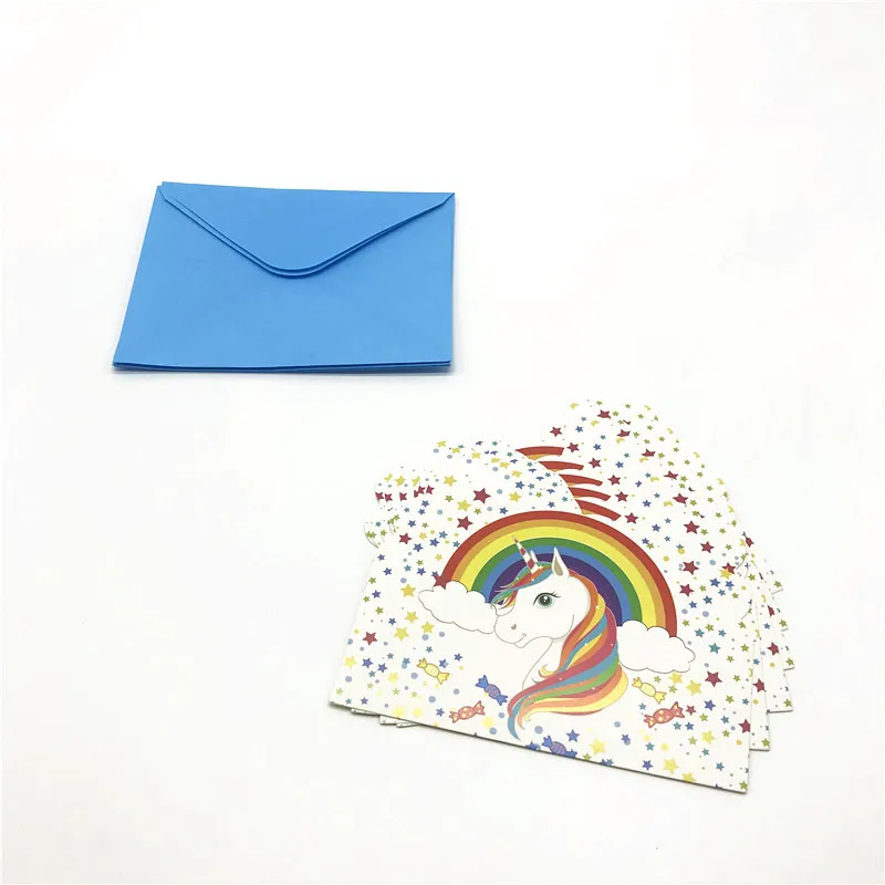 

6pcs/lot Disney Rainbow Unicorn Invitation Card Boy Girl Birthday Party Paper Thank You Card Print Unicorn Greeting Card Supply