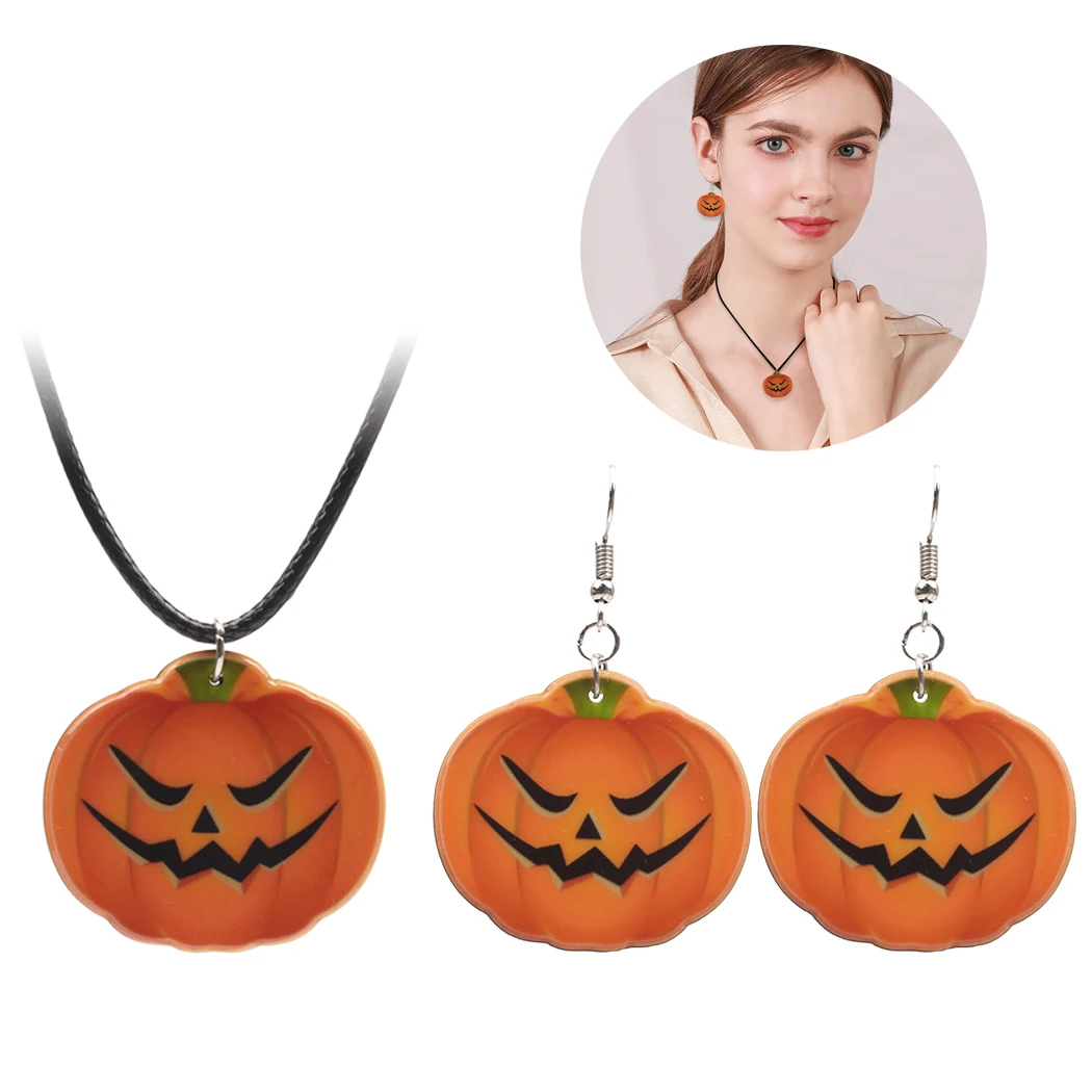 

2019 New Fashion Women Halloween Cartoon Cute Pumpkin Drop Earrings Set Pumpkin Pendant Necklace Dangle Earrings for Party