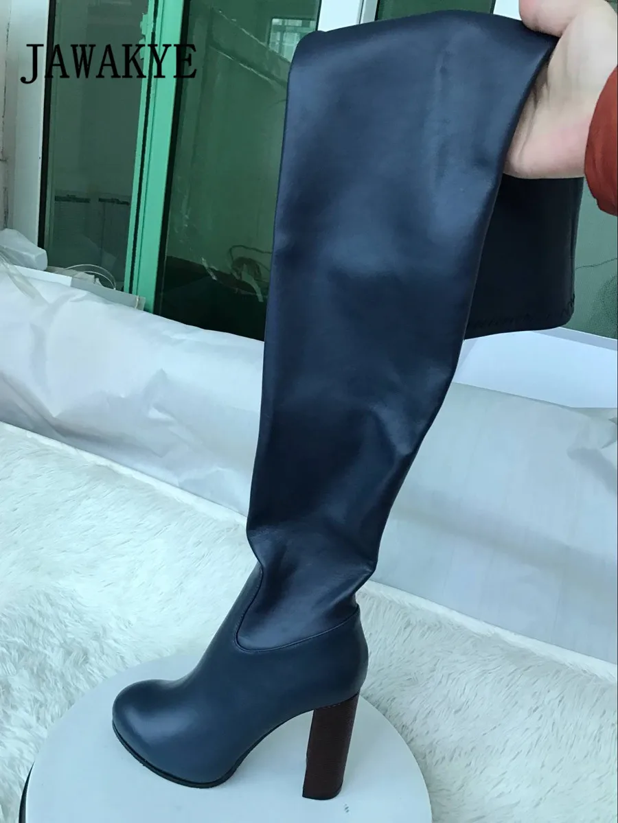 Пикантные однотонные Сапоги выше колена из натуральной кожи; женская обувь на очень высоком каблуке с круглым носком; модные эластичные высокие сапоги