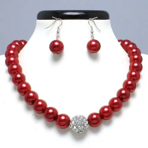 

free shipping 07596 Red Pearl Crystal Bead Paved Necklace Earring Set (A0423) -Bride jewelry free shipping