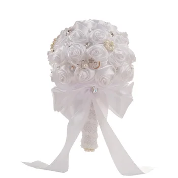 

HOT SALE New Wedding Bridal Bouquet Hand Made Ivory Satin Roses Diamond Flower For Bride With Artificial Crystal