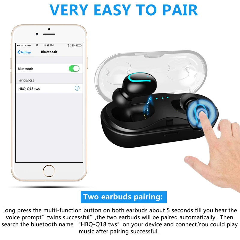 ZAPET New True Wireless Earphones Bluetooth Stereo Headphone Wireless Earbuds with Charging Case Built-in HD Mic