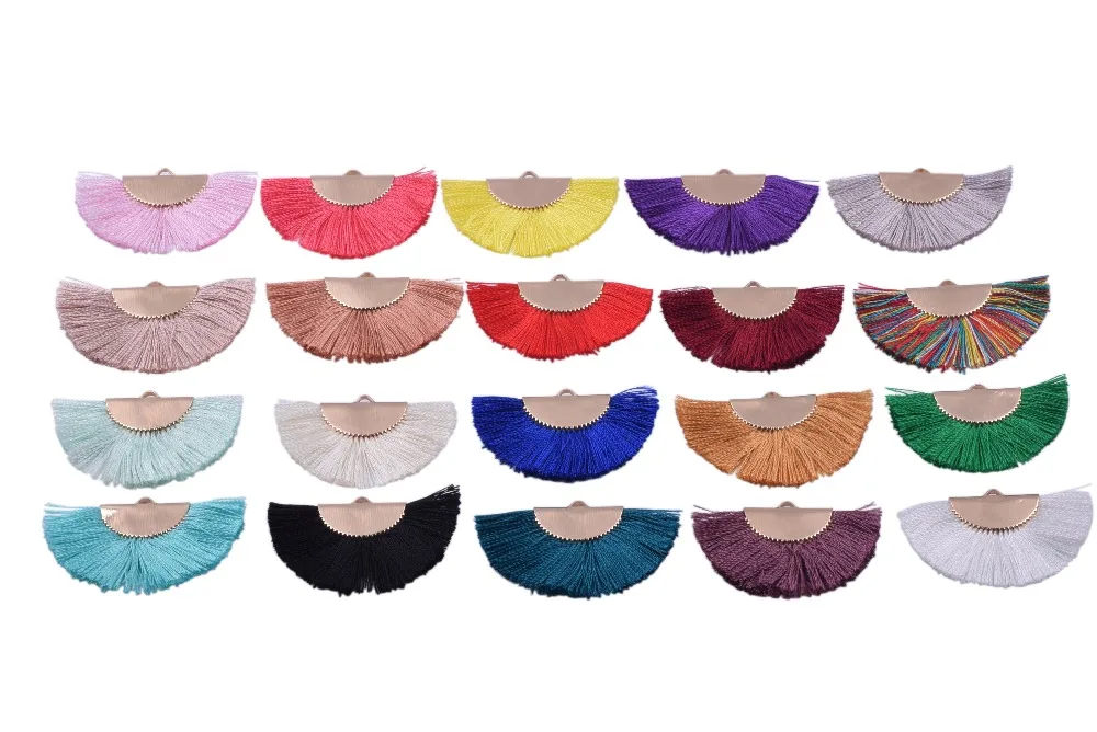 

20 Colors For Your Chosing-10pcs/5Pairs Semicircle Fan Shaped Silky Jewelry Tassels W Golden Copper Hoops for jewelry making,