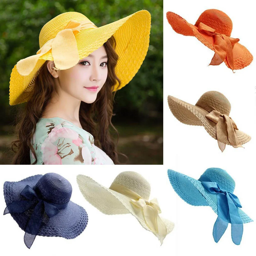 Women Colorful Big Brim Straw Bow Hat Sun Floppy Wide Brim Hats Beach Cap