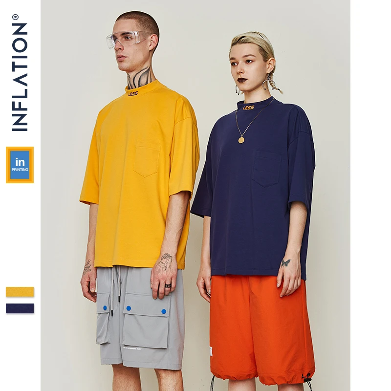 

INFLATION Brand T-Shirts 2019 Summer Orginal Design Stand Collar Tee Pure Colour Oversize Cotton T-shirt Loose Couple Tee 91148S
