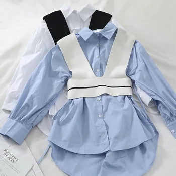

2019 autumn new 2 pieces women blouse and shirts solid long loose elegant lady white shirts outwear coat tops